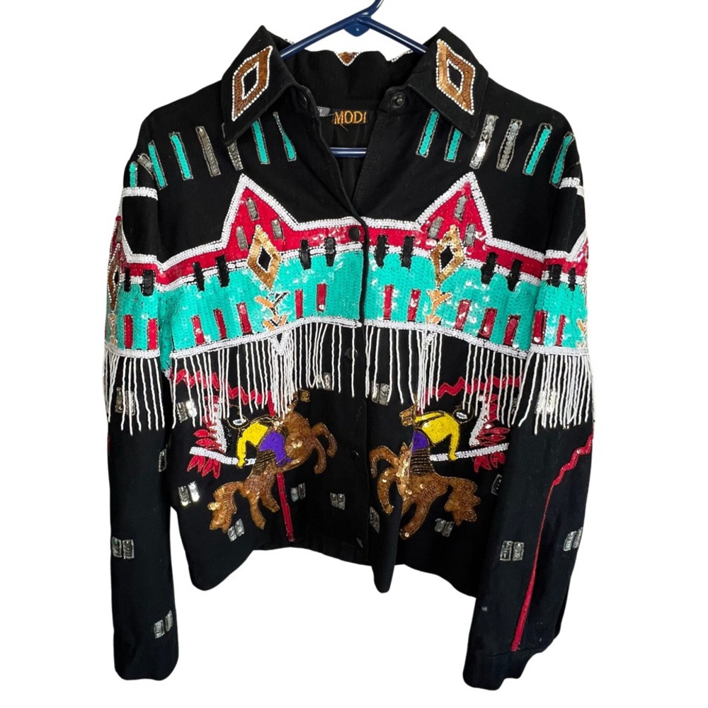 Rare Vintage 90s Modi Denim Sequin Tassel Western Jacket SZ M (8-10)